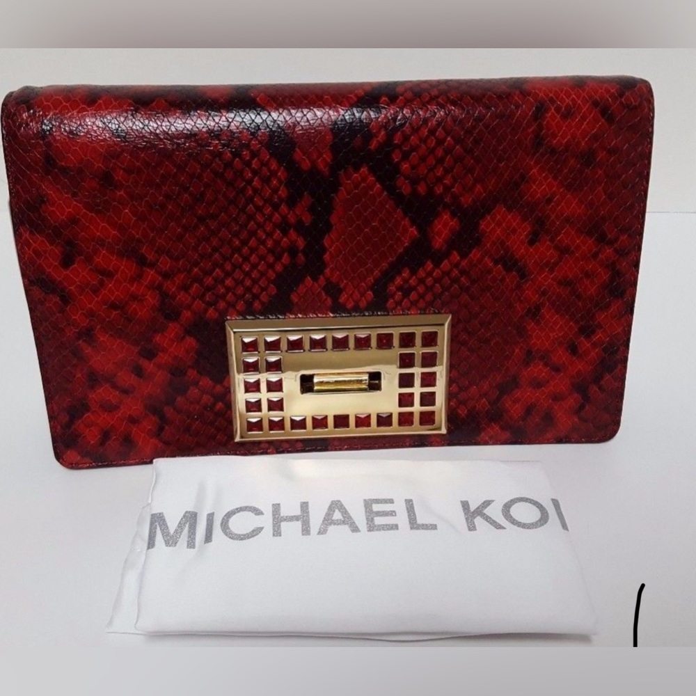 NWT Michael Kors Ellie Medium Shoulder Flap Python Embossed Red Leather Bag